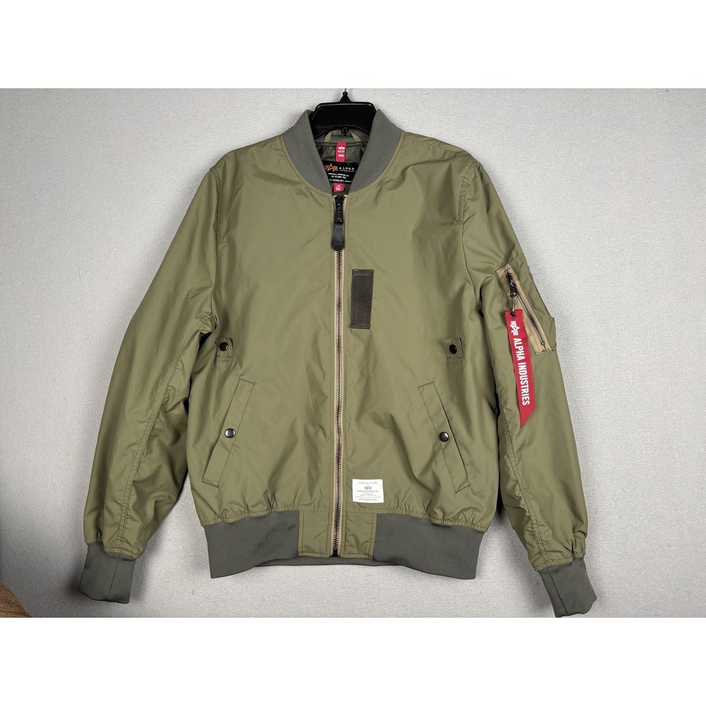 Alpha Industries Jacket Mens Large Green Nylon Bomber Flight Full Zip Lined